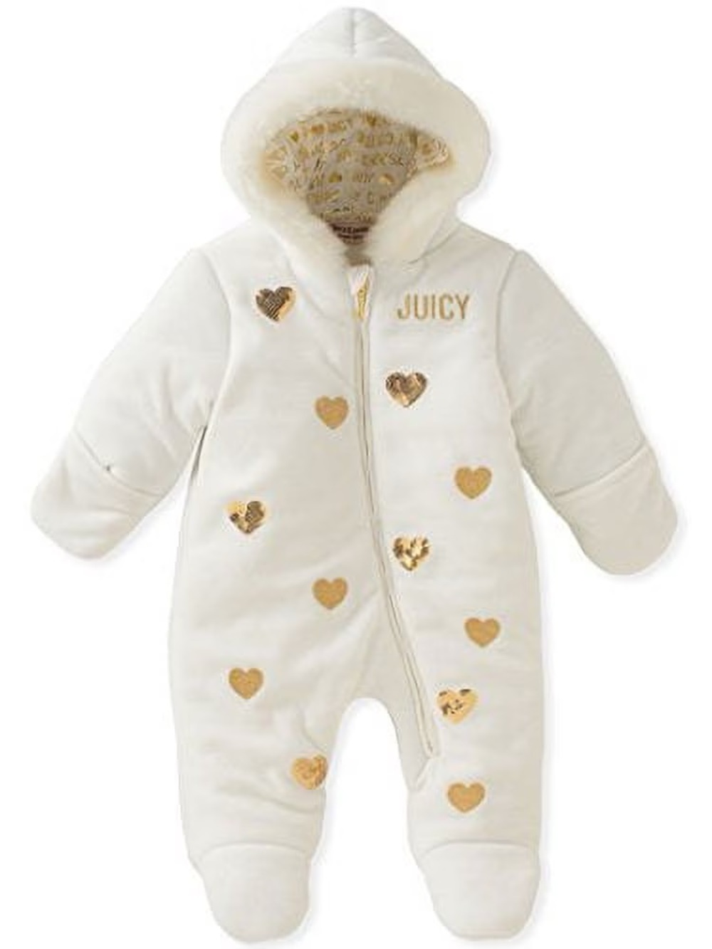 Juicy Couture Baby 3-6M Velour Bunting Snowsuit Gold Hearts Hooded Winter Footie